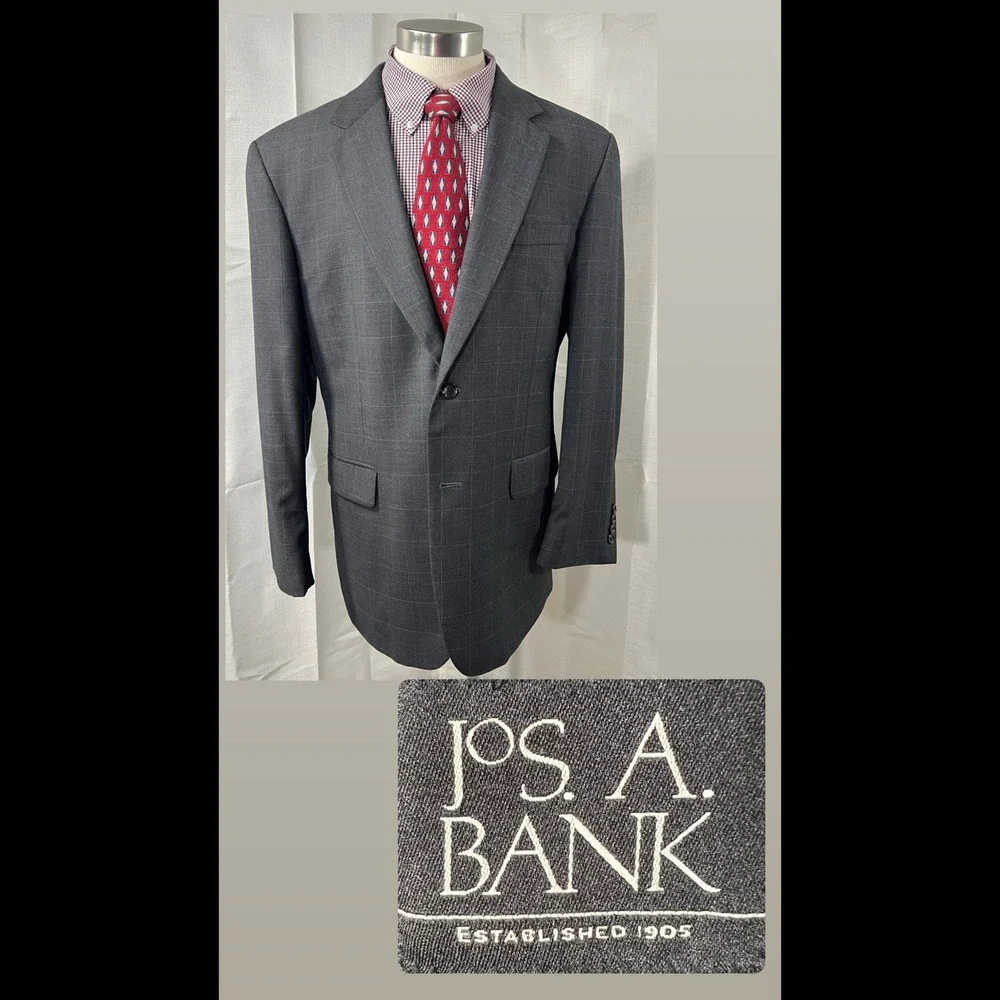 Jos A Bank Men 42R Blazer Sport Coat 100% Charcoal Gray Windowpane Wool 2 Button